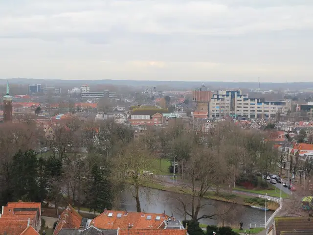 In this picture we can see the top view of a city with many buildings, houses, trees and vehicles...