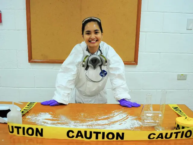 In this image there is powder, caution tape, spray bottle, measuring jar , measuring flask on the...