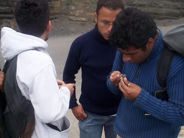 In the picture I can see a group of persons standing where two among them are holding an object in...